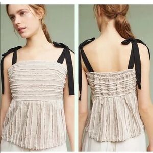 Anthropologie Maeve Soeli Textured Fringe Tank Top Black Ribbon Strap small